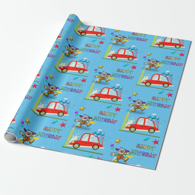 Happy Birthday Wrapping Paper Clown Car Stars (Unrolled)