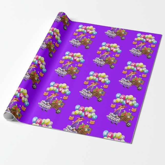 Happy Birthday Wrapping Paper Victorian Kitten (Unrolled)