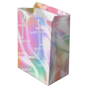 Happy Birthday, Year & Name White Text, Iridescent Medium Gift Bag