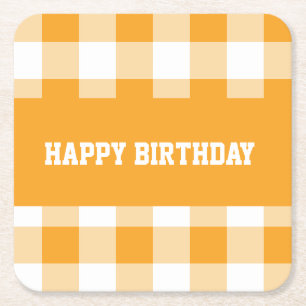 Happy birthday yellow gingham  square paper coaster