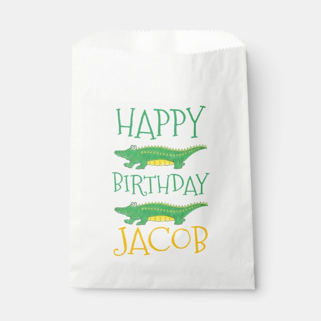 Happy Birthday Yellow Green Alligator Crocodile Favour Bags (Front)