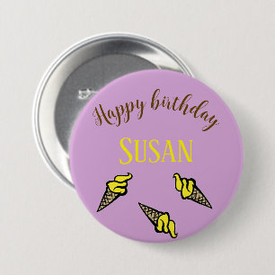 Happy birthday yellow ice cream on purple 7.5 cm round badge