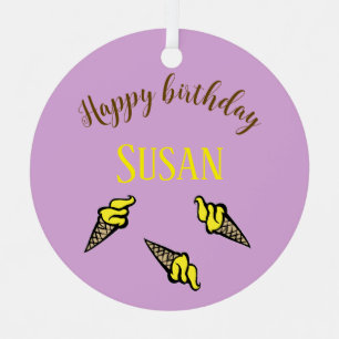 Happy birthday yellow ice cream on purple metal tree decoration