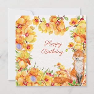 Happy Birthday Yellow Orchid Flowers and Fox 