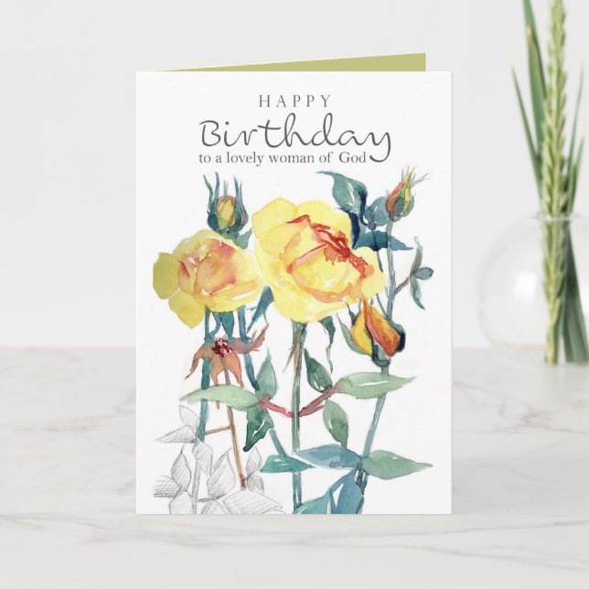 Happy Birthday Yellow Roses Woman of God Blessings Card (Front)