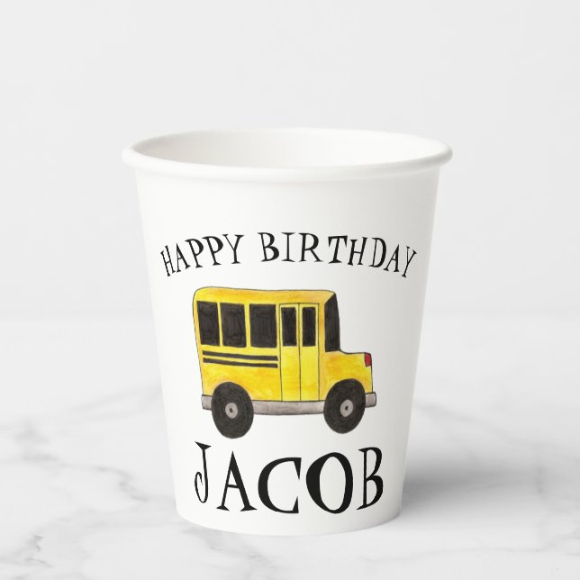 Happy Birthday Yellow School Bus Teacher Education Paper Cups (Front)