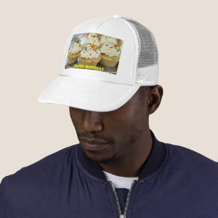 Happy Birthday Yellow Text Five Small Cakes Creamy Trucker Hat