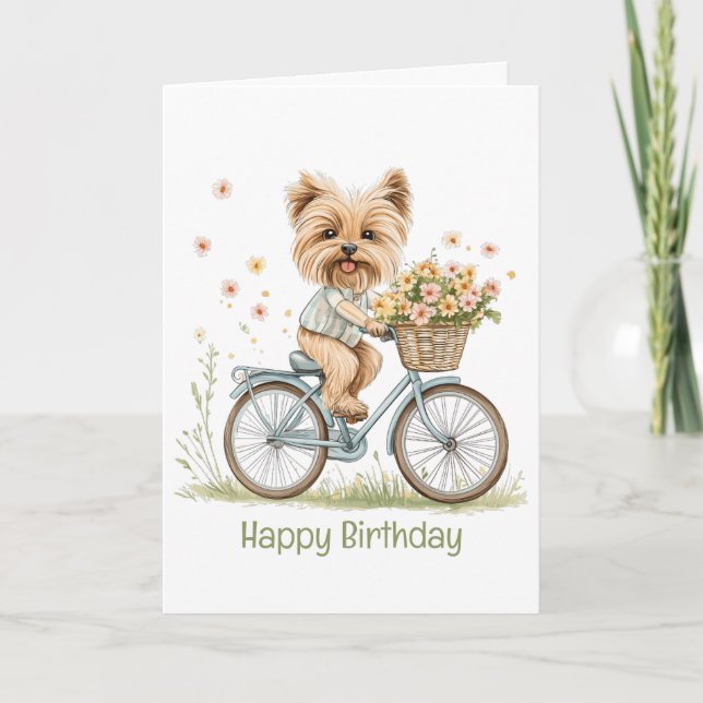 Happy Birthday Yorkie Dog Biking Spring Flowers Card (Front)