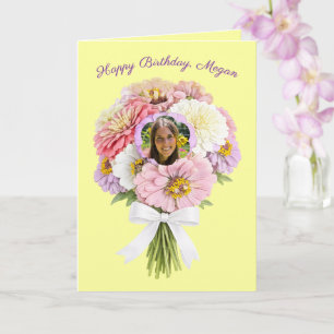 Happy Birthday Zinnia Floral Bouquet Custom Photo Card