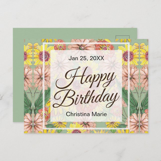 Happy Birthday Zinnia Flowers Postcard (Front/Back)