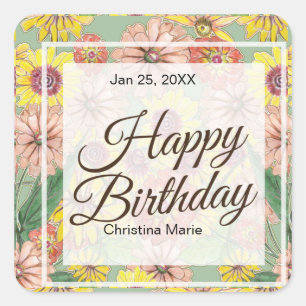 Happy Birthday Zinnia Flowers Square Sticker