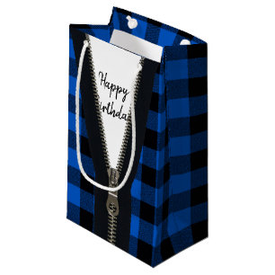 Happy Birthday Zipper On Buffalo Plaid Small Gift Bag