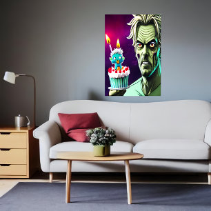 Happy Birthday, zombie, cake AI Art Poster
