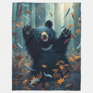 Happy Black Bear Tossing Leaves Fleece Blanket