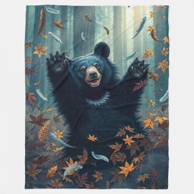 Happy Black Bear Tossing Leaves Fleece Blanket (Front)
