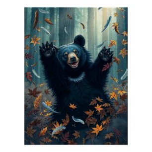 Happy Black Bear Tossing Leaves Poster