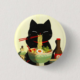 Happy Black Cat Eating Ramen   Japanese Ukiyo-e 3 Cm Round Badge