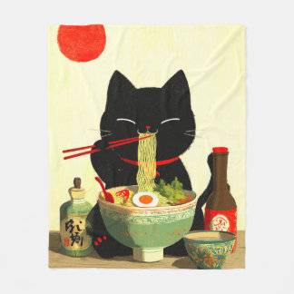 Happy Black Cat Eating Ramen | Japanese Ukiyo-e Fleece Blanket