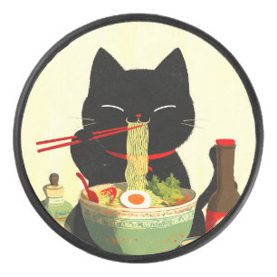 Happy Black Cat Eating Ramen Japanese Ukiyo-e Hockey Puck