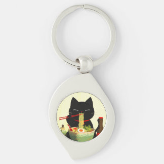 Happy Black Cat Eating Ramen | Japanese Ukiyo-e Key Ring