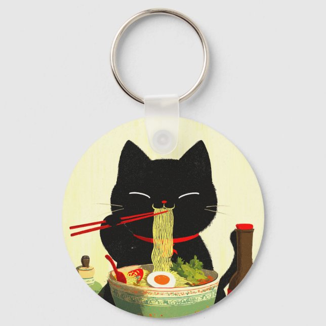 Happy Black Cat Eating Ramen | Japanese Ukiyo-e Key Ring (Front)