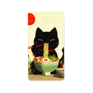 Happy Black Cat Eating Ramen Japanese Ukiyo-e Label