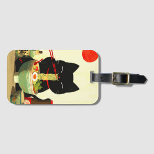 Happy Black Cat Eating Ramen   Japanese Ukiyo-e Luggage Tag