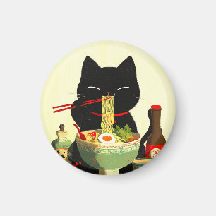 Happy Black Cat Eating Ramen   Japanese Ukiyo-e Magnet