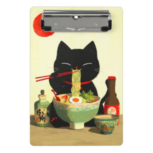 Happy Black Cat Eating Ramen   Japanese Ukiyo-e Mini Clipboard
