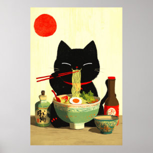 Happy Black Cat Eating Ramen   Japanese Ukiyo-e Poster
