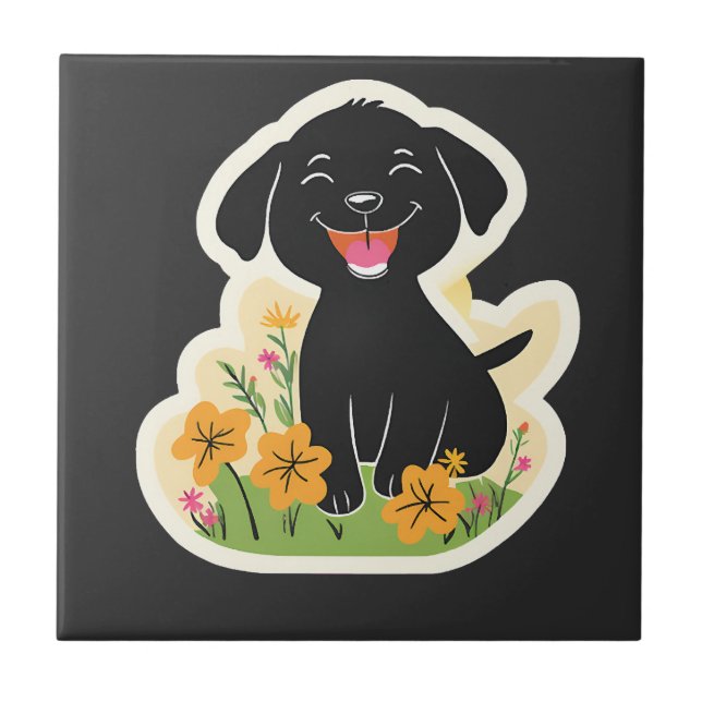 Happy Black Puppy in Wildflowers Tile (Front)