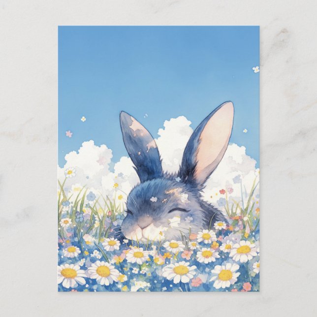 Happy Black Rabbit in Sunny Daisy Meadow Postcard (Front)