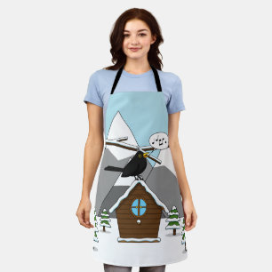 Happy Blackbird Singing in Winter Landscape Apron