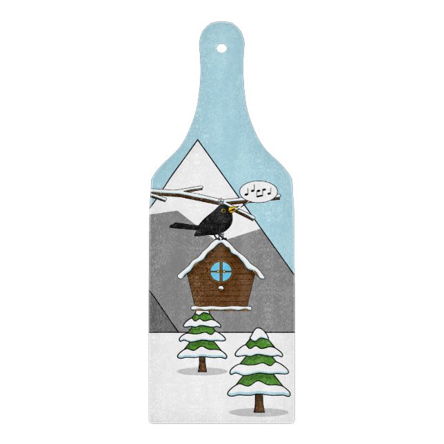 Happy Blackbird Singing in Winter Landscape Cutting Board (Front)
