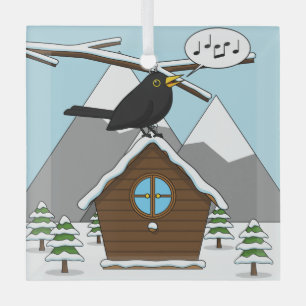 Happy Blackbird Singing in Winter Landscape Glass Tree Decoration