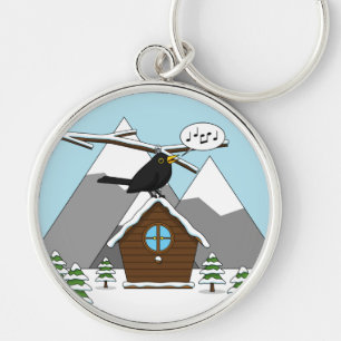 Happy Blackbird Singing in Winter Landscape Key Ring