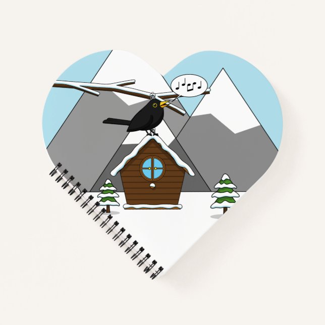 Happy Blackbird Singing in Winter Landscape Notebook (Front)