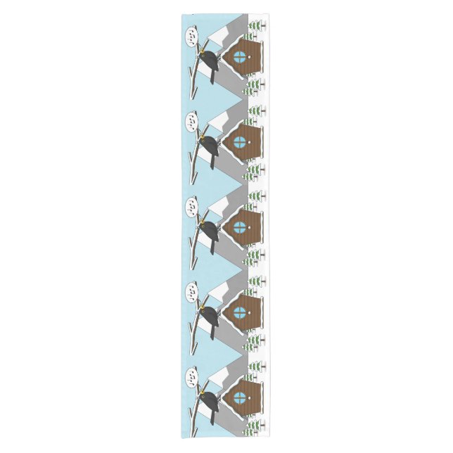 Happy Blackbird Singing in Winter Landscape Short Table Runner (Front)