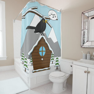 Happy Blackbird Singing in Winter Landscape Shower Curtain