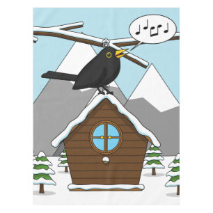 Happy Blackbird Singing in Winter Landscape Tablecloth