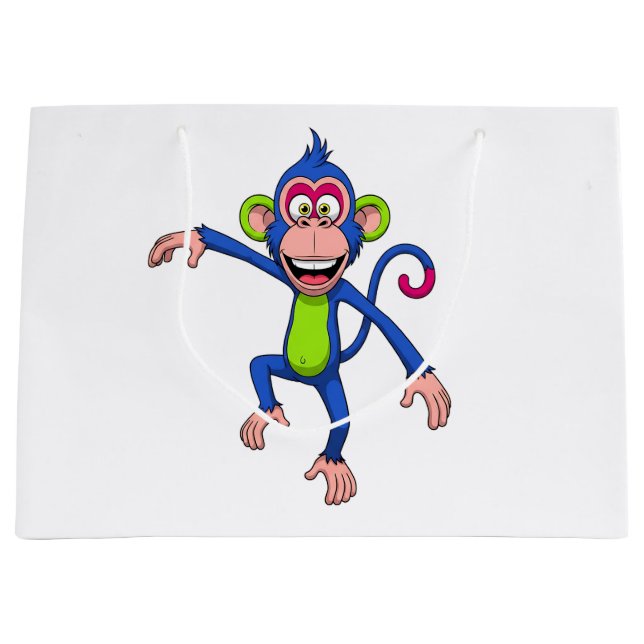 Happy Blue and Green Cartoon Monkey Large Gift Bag (Front)