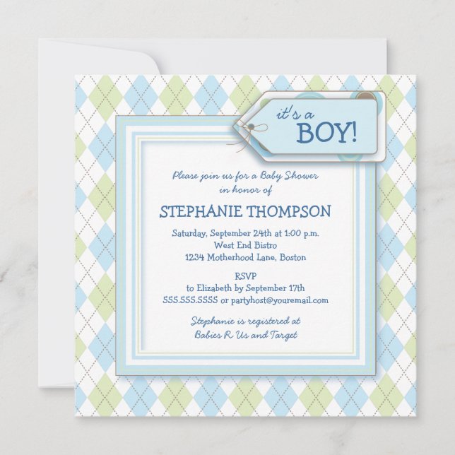 Happy Blue Argyle Boy Baby Shower Invitation (Front)