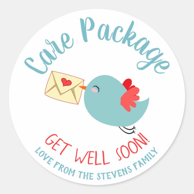 Happy Blue Bird Heart Envelope Care Package Classic Round Sticker (Front)