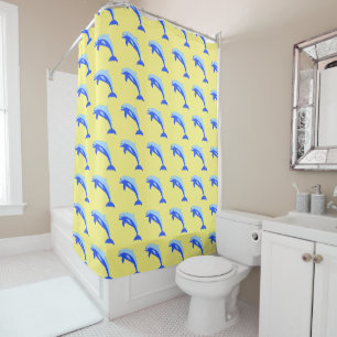 Happy Blue Dolphin, Cute Tropical Ocean Cartoon Shower Curtain