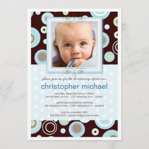 Happy Blue Dots Baby Photo Christening Invitation