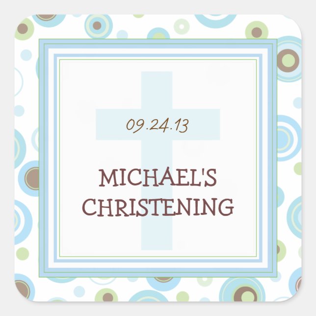 Happy Blue Dots Cross Christening Baptism Sticker (Front)