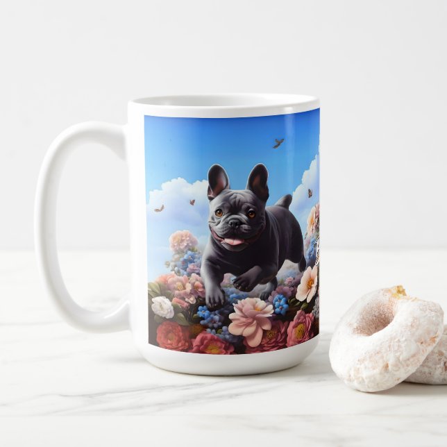 Happy Blue French Bulldog & Flowers  Coffee Mug (With Donut)