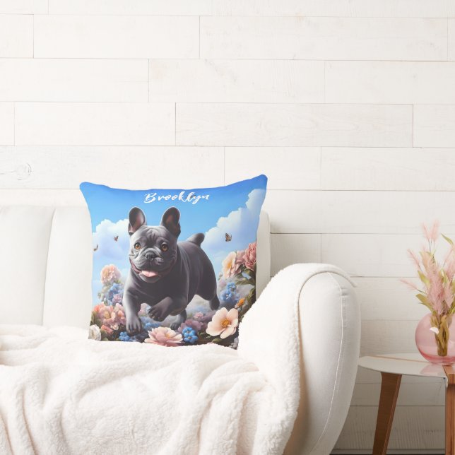 Happy Blue French Bulldog & Flowers  Cushion (Couch)