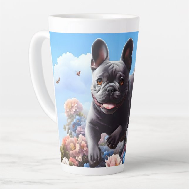 Happy Blue French Bulldog & Flowers  Latte Mug (Left Angle)