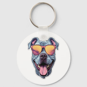 Happy Blue Pitbull Wearing Sunglasses Key Ring